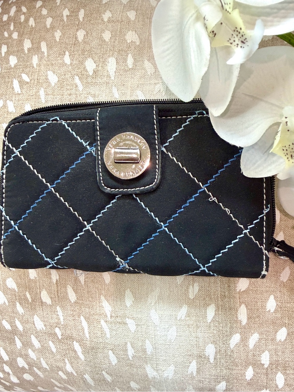 Vera Bradley Black Quilted Wallet with Blue & White Stitching